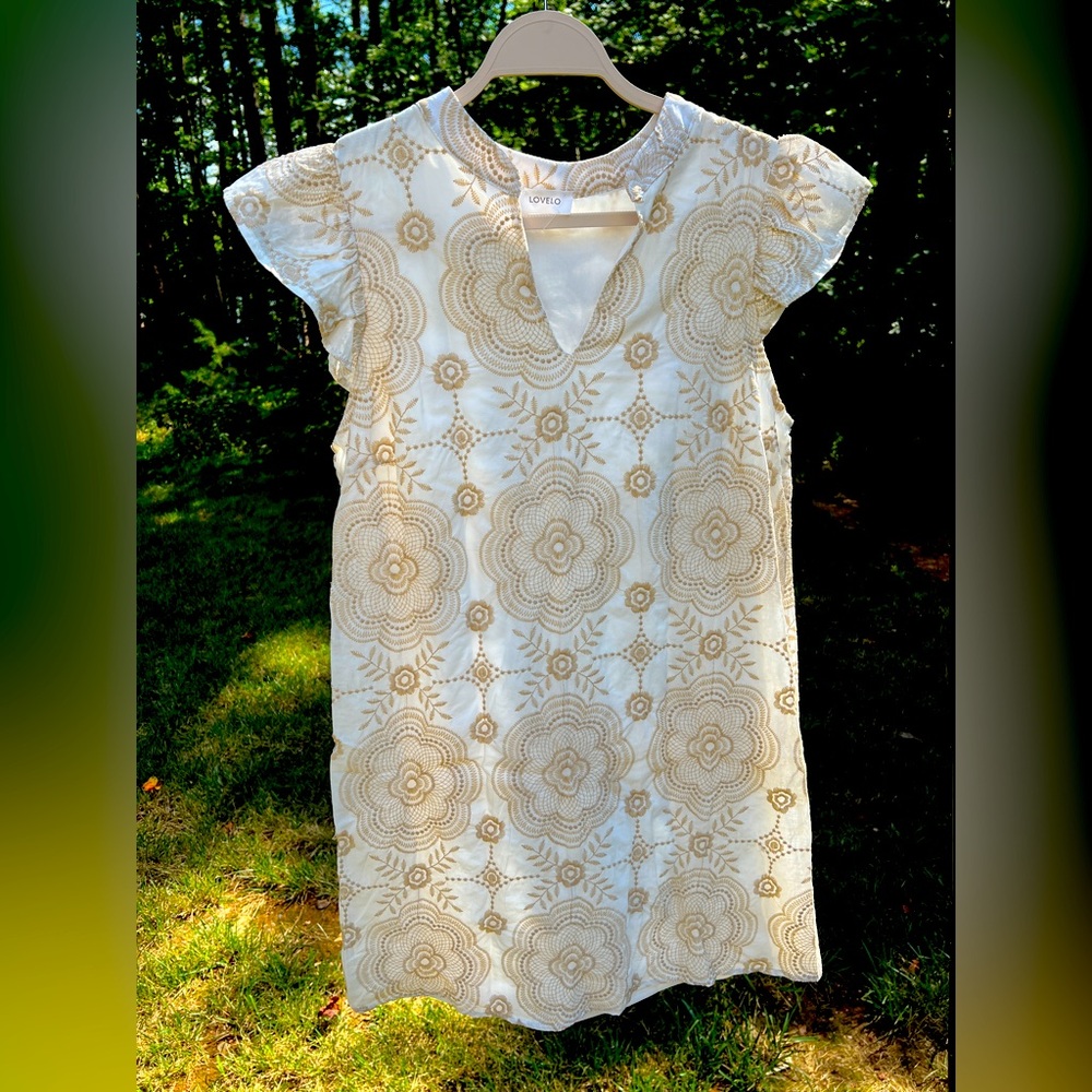 Lovelo White and Gold Embroidered Patterned Midi Dress for Women